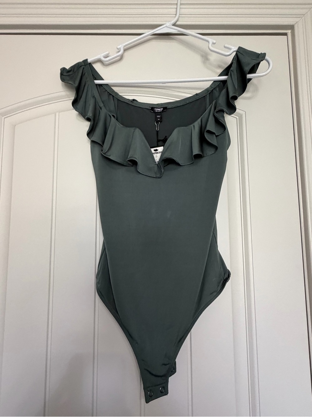 Express Sage Green Off-Shoulder Ruffle Bodysuit